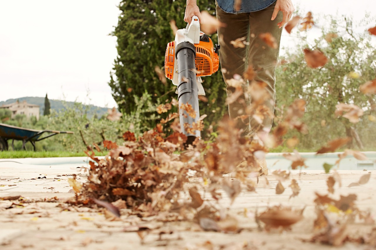 Hojas lanzadas al aire por el soplador de hojas STIHL BG 56.